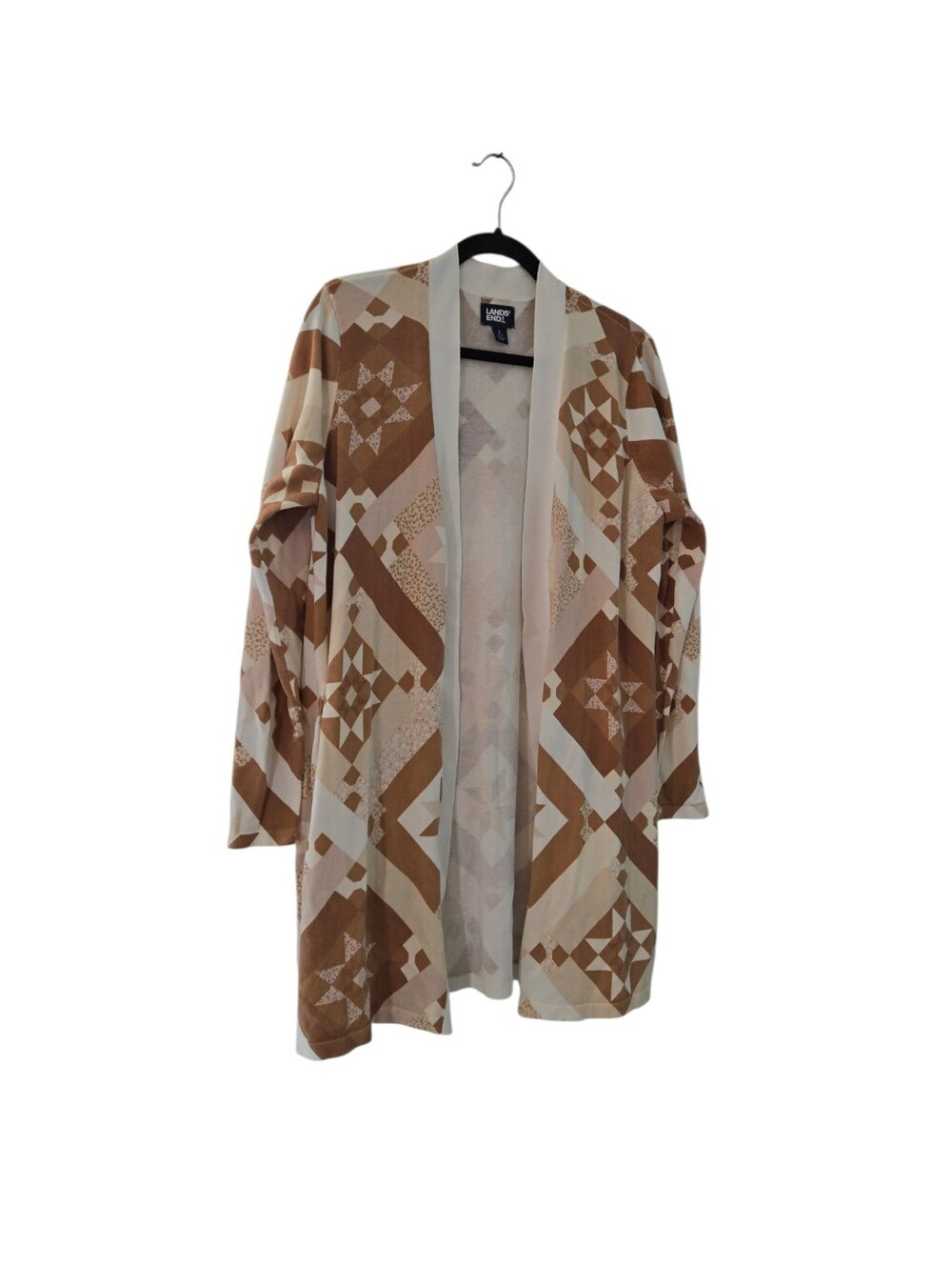 Lands End Open-Front Geometric Cardigan - Cream & Brown Sze L